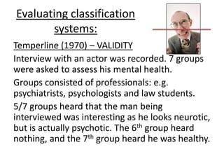 Temperline – continued!
With those that heard he was neurotic, a majority
of them said that he was neurotic
And there was further disagreement amongst
professionals
Group that heard he was mentally healthy: 100%
said healthy
This shows that the DSM and ICD may lack validity
as some diagnoses may already be formed from
existing preconceptions rather than using the
manuals themselves
 