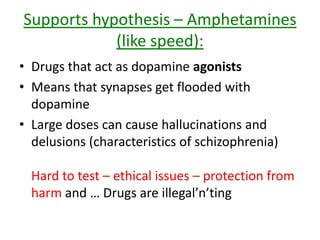 Dopamine hypothesis – evaluation:
• Objective – Quantitative
data, scientific
• PET Scans (Wong et al
1986)
• Hormonal
• Reliable
• Deterministic – no
blame 
• Reductionist – no
consideration for social
events, may ignore
actual cause
• Nature vs Nurture –
NATURE, good as no
blame. BUT, could lead
to passive patients
 