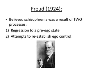Freud (1924):
Freud believed that schizophrenia came from:
- Parents being cold/uncaring
- Causing child to regress back into infantile state
- Where the ego is not yet properly formed
- Symptoms include: Delusions of grandeur
(believing you can fly etc)
- But also, auditory hallucinations could be seen as
an individual’s attempt to re-establish ego control
 