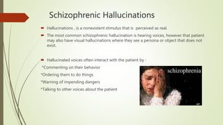 Schizophrenic Hallucinations
 Hallucinations , is a nonexistent stimulus that is perceived as real.
 The most common schizophrenic hallucination is hearing voices, however that patient
may also have visual hallucinations where they see a persona or object that does not
exist.
 Hallucinated voices often interact with the patient by :
*Commenting on their behavior
*Ordering them to do things
*Warning of impending dangers
*Talking to other voices about the patient
 