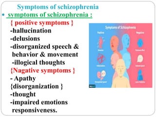 Symptoms of schizophrenia
 symptoms of schizophrenia :
{ positive symptoms }
-hallucination
-delusions
-disorganized speech &
behavior & movement
-illogical thoughts
{Nagative symptoms }
- Apathy
{disorganization }
-thought
-impaired emotions
responsiveness.
 