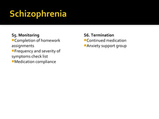 S5. Monitoring
Completion of homework
assignments
Frequency and severity of
symptoms check list
Medication compliance
S6. Termination
Continued medication
Anxiety support group
 