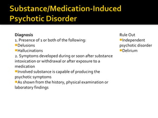 Diagnosis
1. Presence of 1 or both of the following:
Delusions
Hallucinations
2. Symptoms developed during or soon after substance
intoxication or withdrawal or after exposure to a
medication
Involved substance is capable of producing the
psychotic symptoms
As shown from the history, physical examination or
laboratory findings
Rule Out
Independent
psychotic disorder
Delirium
 