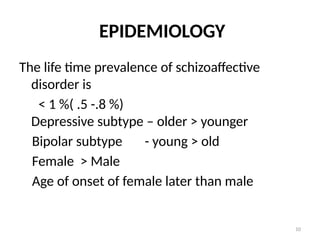 10
EPIDEMIOLOGY
The life time prevalence of schizoaffective
disorder is
< 1 %( .5 -.8 %)
Depressive subtype – older > younger
Bipolar subtype - young > old
Female > Male
Age of onset of female later than male
 