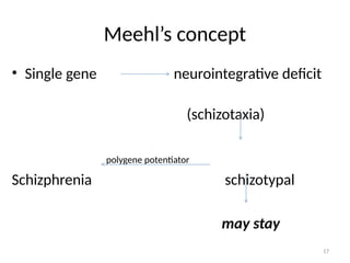 17
Meehl’s concept
• Single gene neurointegrative deficit
(schizotaxia)
polygene potentiator
Schizphrenia schizotypal
may stay
 