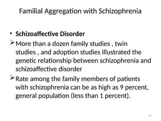 19
Familial Aggregation with Schizophrenia
• Schizoaffective Disorder
More than a dozen family studies , twin
studies , and adoption studies illustrated the
genetic relationship between schizophrenia and
schizoaffective disorder
Rate among the family members of patients
with schizophrenia can be as high as 9 percent,
general population (less than 1 percent).
 