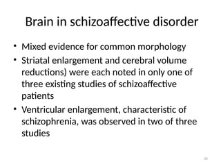 24
Brain in schizoaffective disorder
• Mixed evidence for common morphology
• Striatal enlargement and cerebral volume
reductions) were each noted in only one of
three existing studies of schizoaffective
patients
• Ventricular enlargement, characteristic of
schizophrenia, was observed in two of three
studies
 