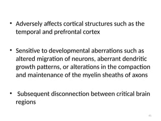 41
• Adversely affects cortical structures such as the
temporal and prefrontal cortex
• Sensitive to developmental aberrations such as
altered migration of neurons, aberrant dendritic
growth patterns, or alterations in the compaction
and maintenance of the myelin sheaths of axons
• Subsequent disconnection between critical brain
regions
 
