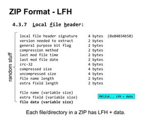 ZIP Format - LFH
4.3.7 Local file header:
local file header signature 4 bytes (0x04034b50)
version needed to extract 2 byt...