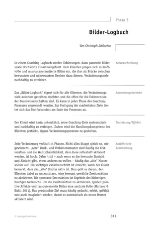 Phase 5


                                                       Bilder-Logbuch

                                                Von Christoph Schlachte




In einem Coaching-Logbuch werden Erfahrungen, dazu passende Bilder          Kurzbeschreibung
sowie Stichworte zusammengefasst. Dem Klienten prägen sich so kraft-
volle und ressourcenorientierte Bilder ein, die ihm als Brücke zwischen
bewusstem und unbewusstem Denken dazu dienen, Veränderungsziele
nachhaltig zu erreichen.


Das „Bilder-Logbuch“ eignet sich für alle Klienten, die Veränderungs-       Anwendungsbereiche
ziele autonom gestalten möchten und die offen für die Erkenntnisse
der Neurowissenschaften sind. Es kann in jeder Phase des Coaching-
Prozesses angewandt werden. Zur Festigung der erarbeiteten Ziele bie-
tet sich das Tool besonders am Ende des Prozesses an.


Der Klient wird darin unterstützt, seine Coaching-Ziele systematisch        Zielsetzung/Effekte
und nachhaltig zu verfolgen. Zudem wird die Handlungskompetenz des
Klienten gestärkt, eigene Veränderungsprozesse zu gestalten.


Jede Veränderung verläuft in Phasen. Nicht alles klappt gleich so, wie      Ausführliche
gewünscht. „Alte“ Denk- und Verhaltensmuster sind häuﬁg die Erst-           Beschreibung
reaktion und die Wahrscheinlichkeit, dass diese reﬂexhaft aktiviert
werden, ist hoch. Daher tritt – auch wenn es die bewusste Einsicht
und Absicht gibt, etwas anderes zu wollen – häuﬁg das „alte“ Muster
wieder auf. Ein wichtiger Zwischenschritt ist erreicht, wenn der Klient
bemerkt, dass das „alte“ Muster aktiv ist. Nun geht es darum, den
Klienten dabei zu unterstützen, eine bewusst gewählte Zweitreaktion
zu aktivieren. Die spontane Erstreaktion ist Ergebnis des bisherigen,
häuﬁgen Gebrauchs. Um die Zweitreaktion zu aktivieren, spielen posi-
tive Affekte und ressourcenvolle Bilder eine zentrale Rolle (Martens &
Kuhl, 2011). Das gewünschte Ziel muss häuﬁg gedacht, erlebt, gefühlt
und auch imaginiert werden, damit es automatisch als neues Muster
aktiviert wird.




© managerSeminare                                                         317
 