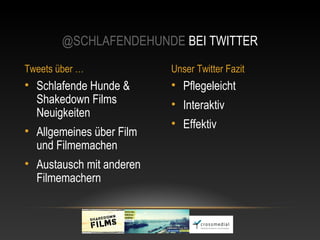 @SCHLAFENDEHUNDE BEI TWITTER

Tweets über …             Unser Twitter Fazit
• Schlafende Hunde &      • Pflegeleicht
  Shakedown Films         • Interaktiv
  Neuigkeiten
                          • Effektiv
• Allgemeines über Film
  und Filmemachen
• Austausch mit anderen
  Filmemachern
 