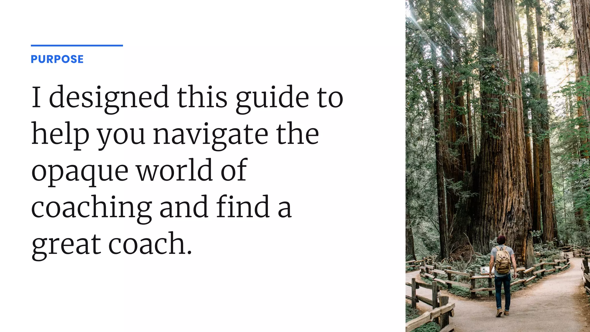 I designed this guide to
help you navigate the
opaque world of
coaching and nd a
great coach.
PURPOSE
 