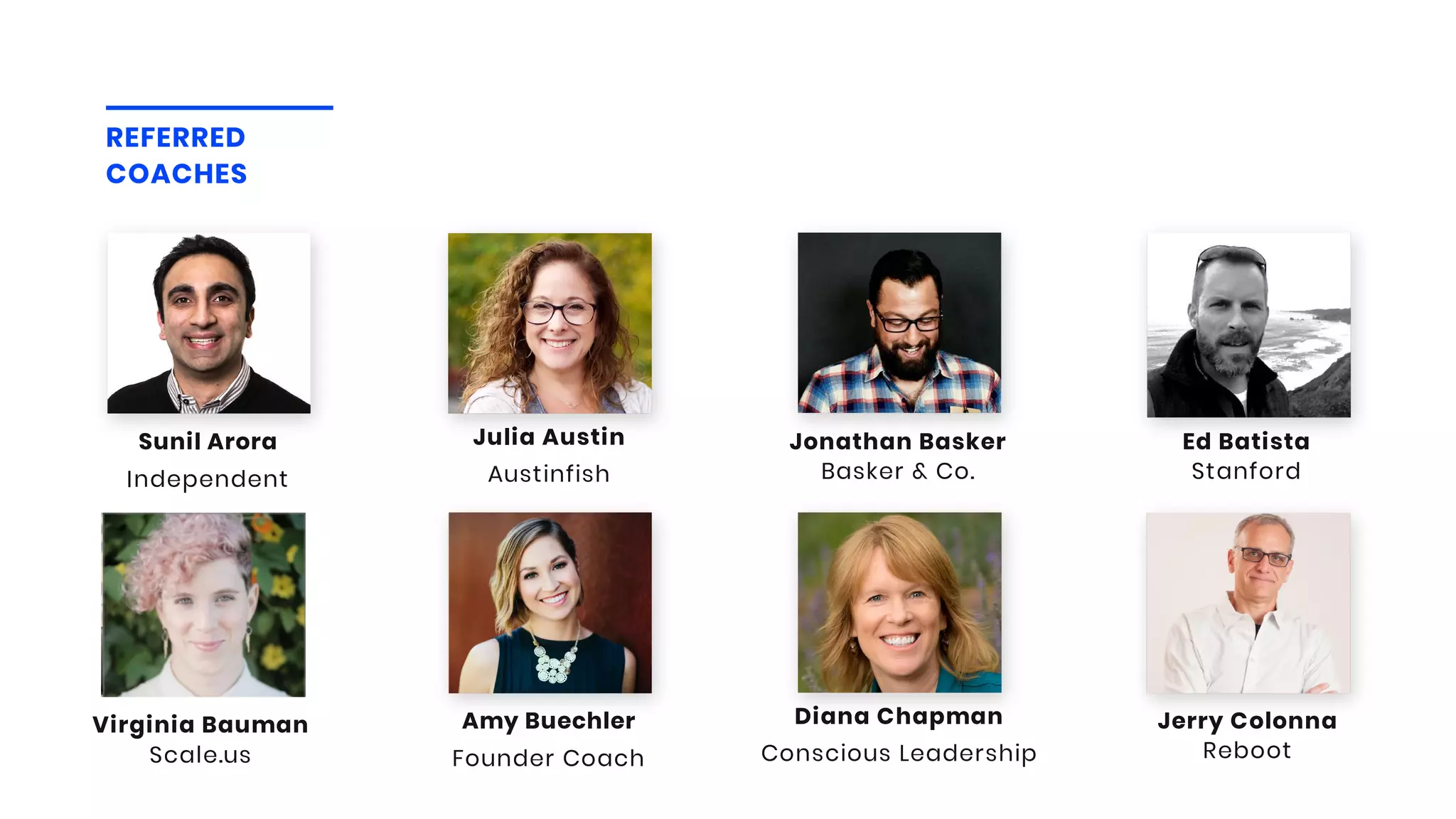 Independent
Sunil Arora
Austinfish
Julia Austin
REFERRED
COACHES
Stanford
Ed Batista
Basker & Co.
Jonathan Basker
Founder Coach
Amy Buechler
Conscious Leadership
Diana Chapman
Reboot
Jerry Colonna
Scale.us
Virginia Bauman
 