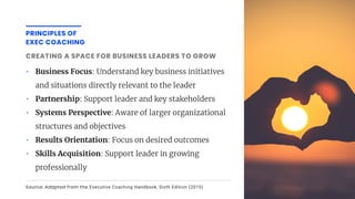 • Business Focus: Understand key business initiatives
and situations directly relevant to the leader
• Partnership: Support leader and key stakeholders
• Systems Perspective: Aware of larger organizational
structures and objectives
• Results Orientation: Focus on desired outcomes
• Skills Acquisition: Support leader in growing
professionally
CREATING A SPACE FOR BUSINESS LEADERS TO GROW
Source: Adapted from the Executive Coaching Handbook, Sixth Edition (2015)
PRINCIPLES OF
EXEC COACHING
 