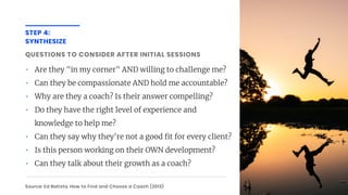 STEP 4:
SYNTHESIZE
QUESTIONS TO CONSIDER AFTER INITIAL SESSIONS
Source: Ed Batista, How to Find and Choose a Coach (2013)
• Are they "in my corner" AND willing to challenge me?
• Can they be compassionate AND hold me accountable?
• Why are they a coach? Is their answer compelling?
• Do they have the right level of experience and
knowledge to help me?
• Can they say why they're not a good t for every client?
• Is this person working on their OWN development?
• Can they talk about their growth as a coach?
 