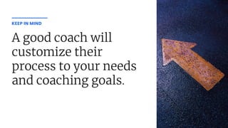 A good coach will
customize their
process to your needs
and coaching goals.
KEEP IN MIND
 