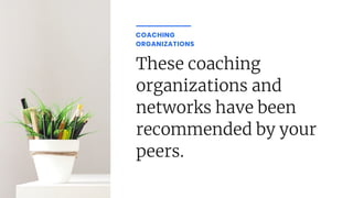 These coaching
organizations and
networks have been
recommended by your
peers.
COACHING
ORGANIZATIONS
 