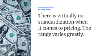 There is virtually no
standardization when
it comes to pricing. The
range varies greatly.
KEEP IN MIND
 