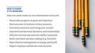 • Measurable progress on goals and objectives
• Real outcomes in business via key measures
• Increased awareness and energy post session
• Improved interpersonal dynamics and relationships
• E ective internal and external con ict resolution
• Better and faster decision making (e.g. hire/ re)
• More e ective management of energy and health
• Higher employee satisfaction and retention
HERE ARE SOME SIGNS AS THE PARTNERSHIP DEVELOPS
HOW TO KNOW
IF ITS WORKING?
 