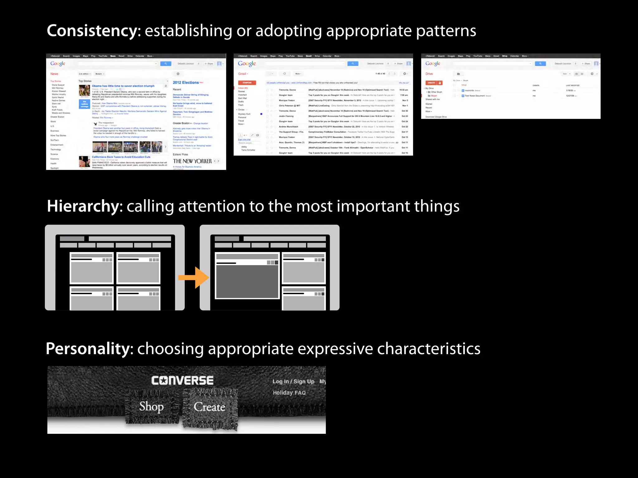 Consistency: establishing or adopting appropriate patterns
Hierarchy: calling attention to the most important things
Personality: choosing appropriate expressive characteristics
 