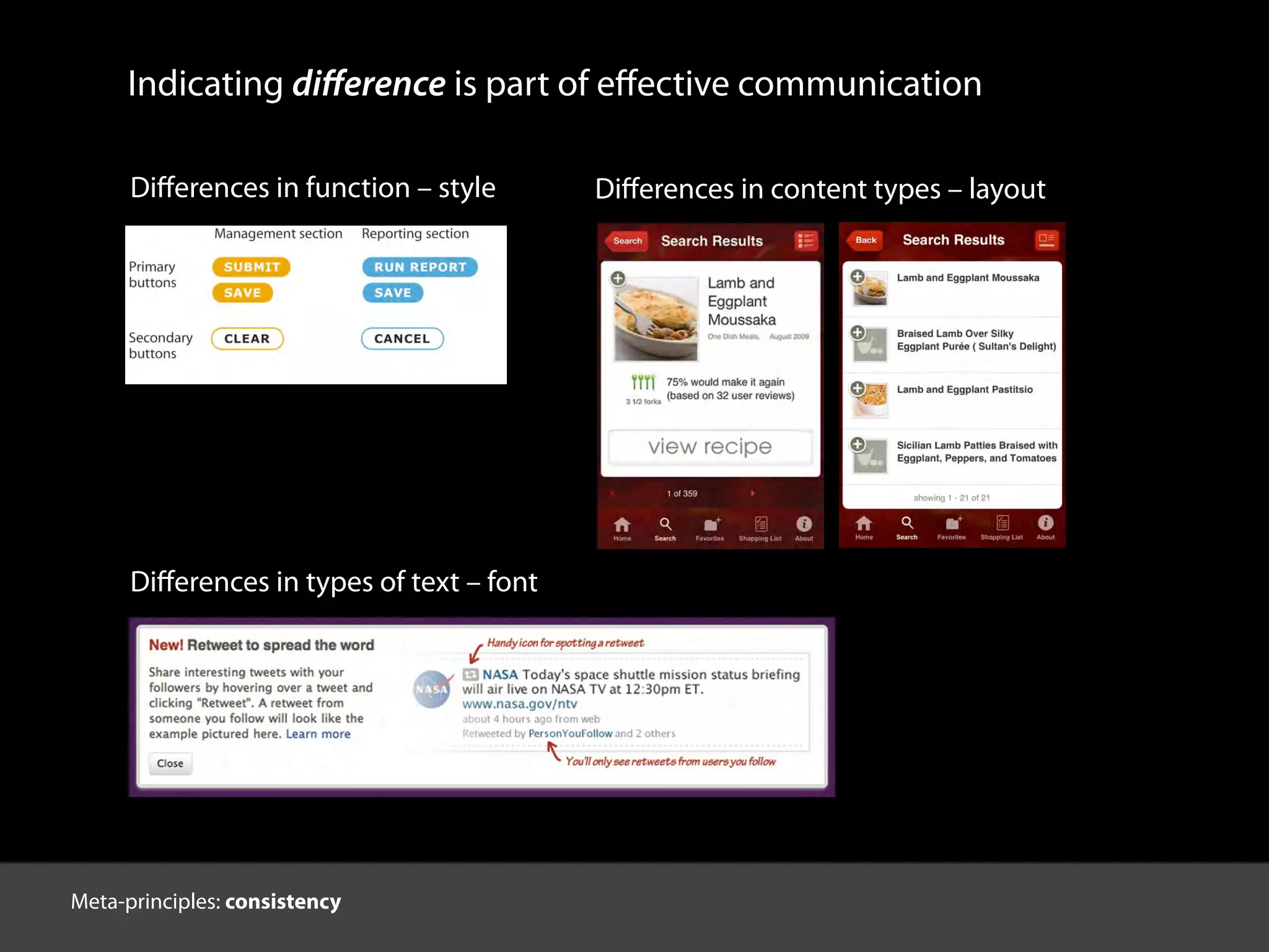Diﬀerences in function – style
Diﬀerences in types of text – font
Diﬀerences in content types – layout
Indicating diﬀerence is part of eﬀective communication
Meta-principles: consistency
 