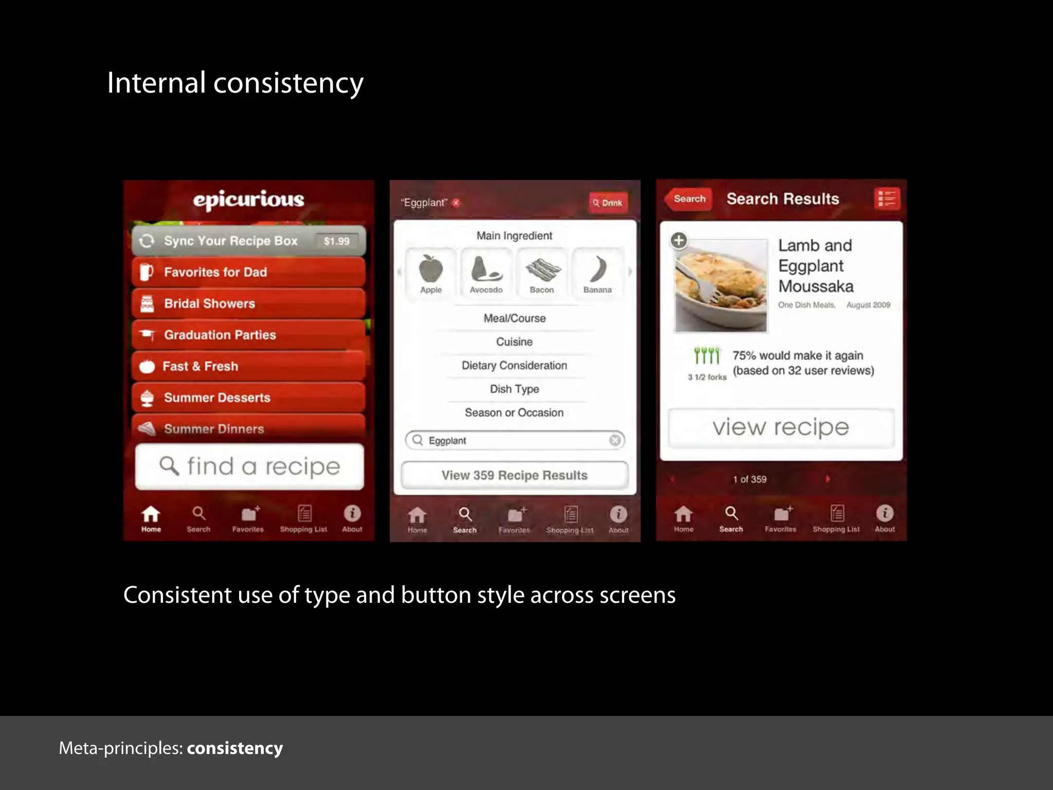 Internal consistency
Consistent use of type and button style across screens
Meta-principles: consistency
 