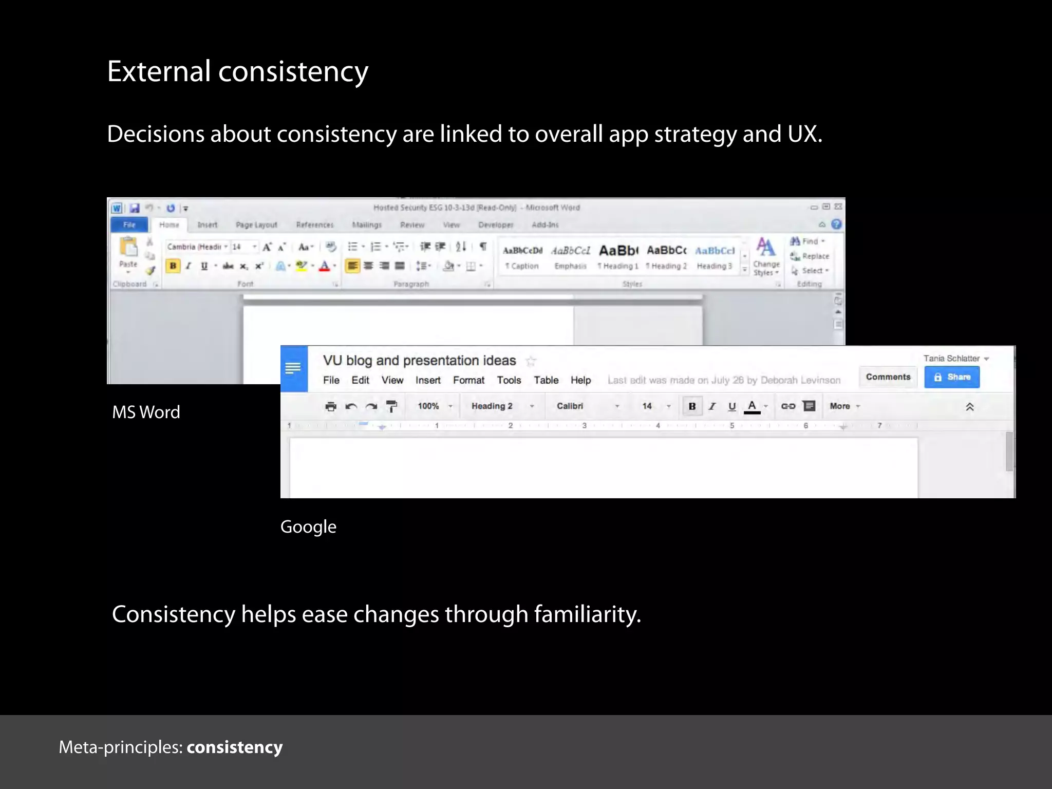 External consistency
Decisions about consistency are linked to overall app strategy and UX.
MS Word
Google
Consistency helps ease changes through familiarity.
Meta-principles: consistency
 