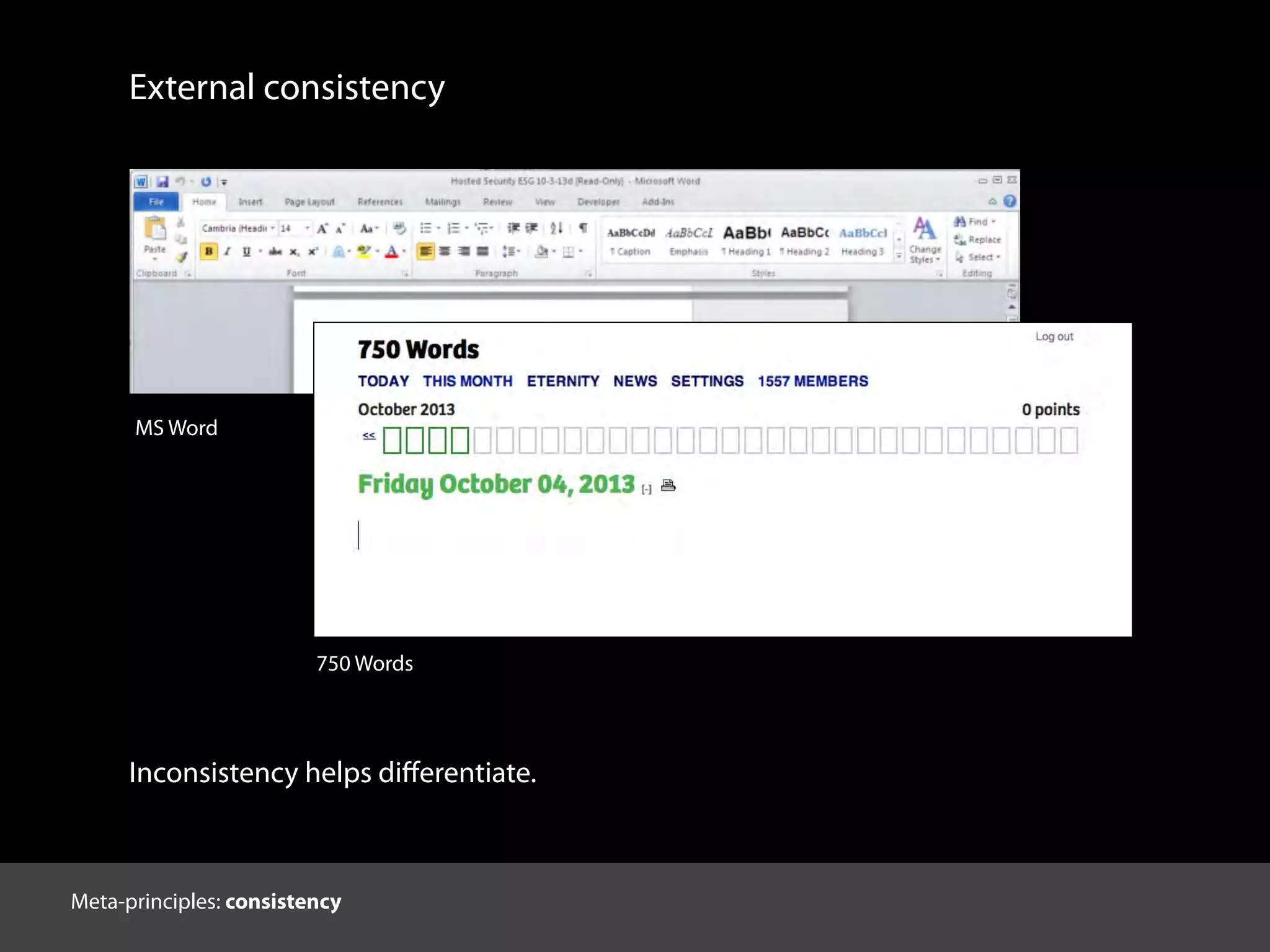 External consistency
Inconsistency helps diﬀerentiate.
MS Word
750 Words
Meta-principles: consistency
 