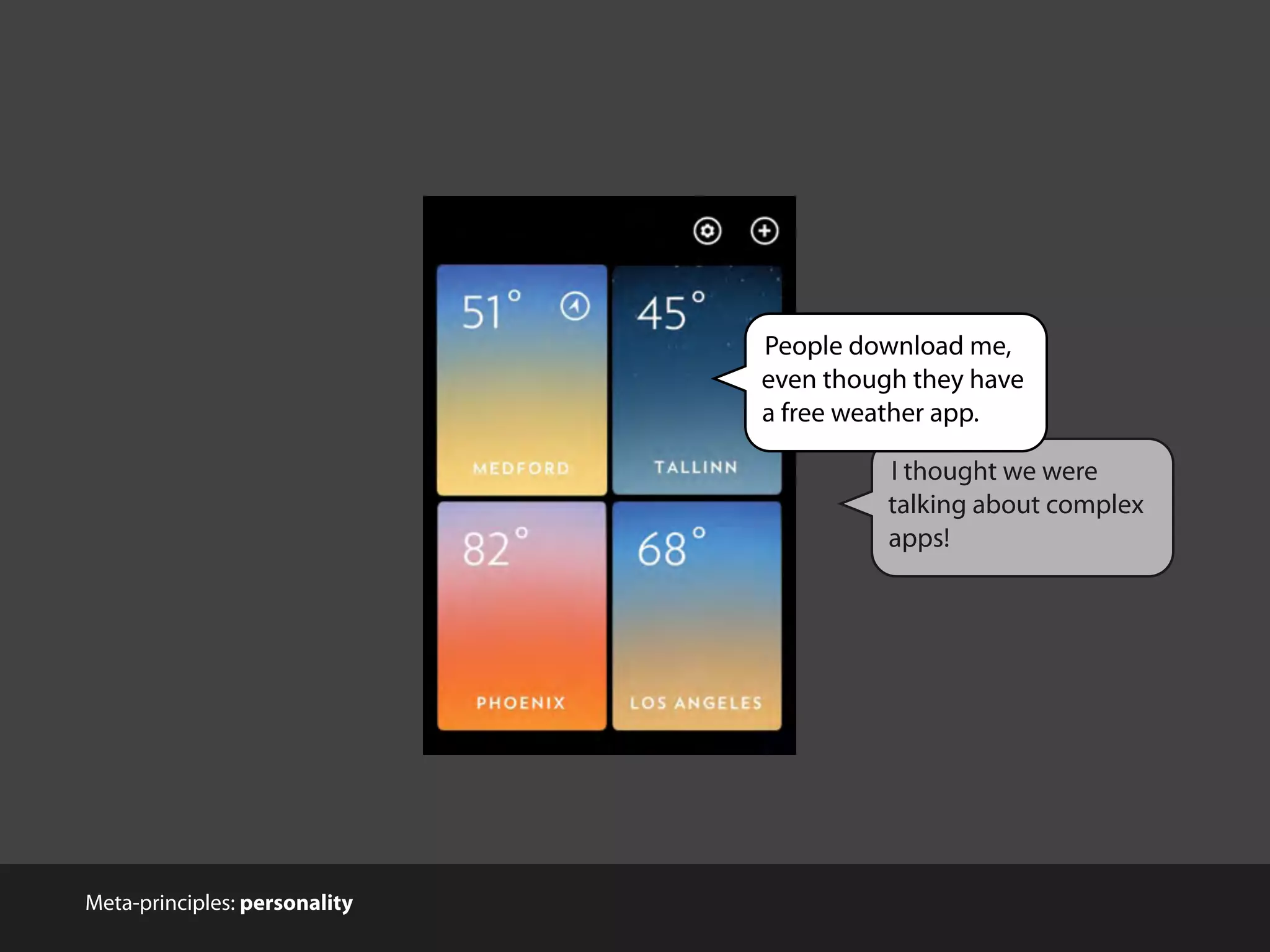 I thought we were
talking about complex
apps!
People download me,
even though they have
a free weather app.
Meta-principles: personality
 