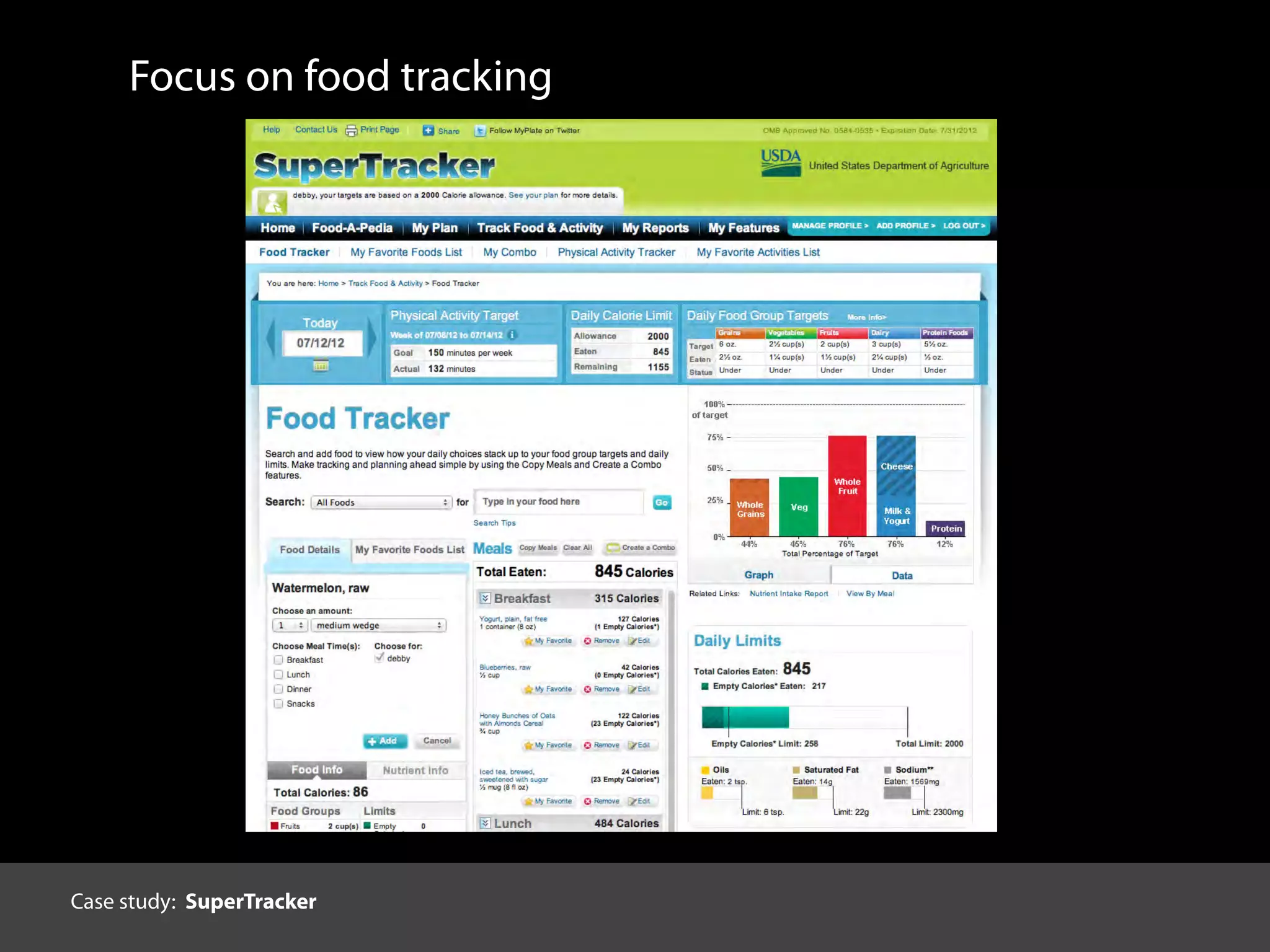 Thoughtful decisions about expression and diﬀerentiation
grounded in:
1. users and context
• brain: how people see and understand
• individual: age, demographics, experiences, expectations
• situation: device, setting, goals
2. what is being communicated by whom
• content: what is being represented
• sender: who the information & interactions are from
Criteria for decisions about personalityFocus on food tracking
Case study: SuperTracker
 