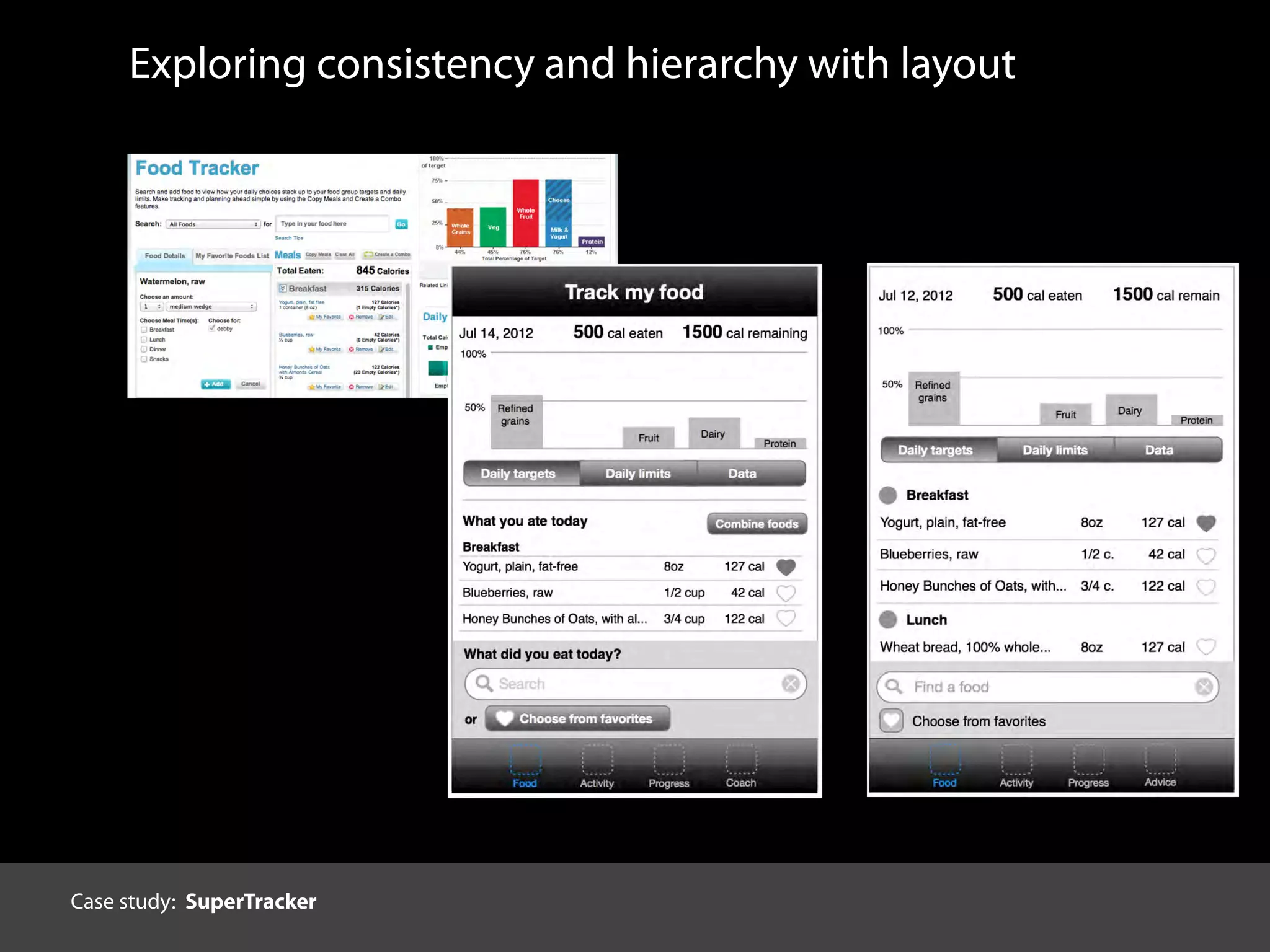 Exploring consistency and hierarchy with layout
Case study: SuperTracker
 