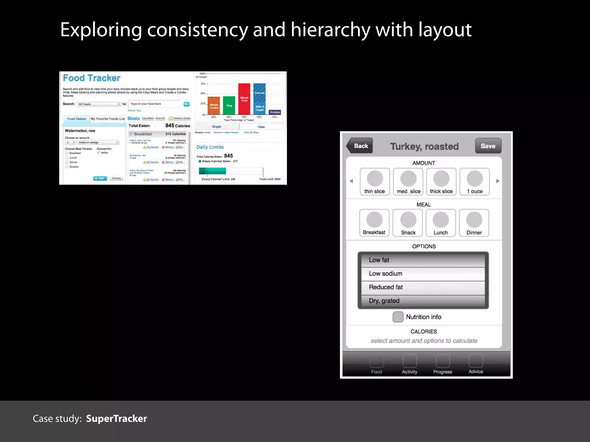 Exploring consistency and hierarchy with layout
Case study: SuperTracker
 
