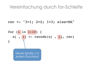 Vereinfachung durch for-Schleife
rec <- "3=1; 2=2; 1=3; else=NA" !
!
for (i in 1:10) {!
!x[ , i] <- recode(x[ , i], rec)!
}!
Neues Spalte i in
jedem Durchlauf!

 