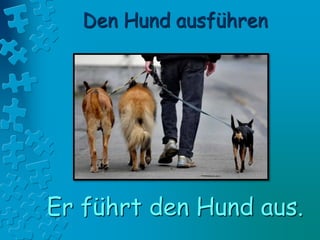 Den Hund ausführen
Er führt den Hund aus.
 