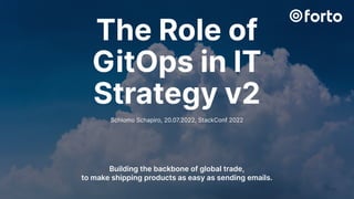 Building the backbone of global trade,
to make shipping products as easy as sending emails.
Schlomo Schapiro, 20.07.2022, StackConf 2022
The Role of
GitOps in IT
Strategy v2
 