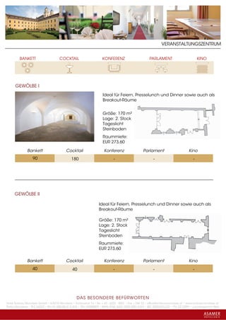 VERANSTALTUNGSZENTRUM




      GEWÖLBE I
                                                                   Ideal für Feiern, Presselunch und Dinner sowie auch als
                                                                   Breakout-Räume


                                                                   Größe: 170 m²
                                                                   Lage: 2. Stock
                                                                   Tageslicht
                                                                   Steinboden
                                                                   Raummiete:
                                                                   EUR 273,60

              Bankett                    Cocktail                   Konferenz                   Parlament                       Kino
                  90                         180                           -                           -                           -




     GEWÖLBE II

                                                                 Ideal für Feiern, Presselunch und Dinner sowie auch als
                                                                 Breakout-Räume

                                                                 Größe: 170 m²
                                                                 Lage: 2. Stock
                                                                 Tageslicht
                                                                 Steinboden
                                                                 Raummiete:
                                                                 EUR 273,60

              Bankett                    Cocktail                   Konferenz                   Parlament                       Kino
                  40                          40                           -                           -                           -




                                                 DAS BESONDERE BE FÜRWORTEN
Hotel Schloss Mondsee GmbH • A-5310 Mondsee • Schlosshof 1a • Tel. + 43 - 6232 - 5001 • Fax + DW 22 • office@schlossmondsee.at • www.schlossmondsee.at
Raika Mondsee • BLZ 34322 • Kto.Nr. 000-00.513.424 • ATU 54080809 • IBAN AT60 3432 2000 00513424 • BIC RZ00AT2L322 • FN: 221209h • Landesgericht Wels
 
