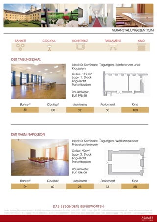 VERANSTALTUNGSZENTRUM




      DER TAGUNGSSAAL
                                                                    Ideal für Seminare, Tagungen, Konferenzen und
                                                                    Klausuren
                                                                    Größe: 110 m²
                                                                    Lage: 1. Stock
                                                                    Tageslicht
                                                                    Parkettboden

                                                                    Raummiete:
                                                                    EUR 398,40


               Bankett                    Cocktail                   Konferenz                   Parlament                       Kino
                   80                         100                         32                          50                          100




      DER RAUM NAPOLEON
                                                                    Ideal für Seminare, Tagungen, Workshops oder
                                                                    Pressekonferenzen

                                                                    Größe: 90 m²
                                                                    Lage: 2. Stock
                                                                    Tageslicht
                                                                    Parkettboden

                                                                    Raummiete:
                                                                    EUR 126,00

               Bankett                    Cocktail                   Konferenz                   Parlament                       Kino
                   56                          60                         28                          33                           60




                                                 DAS BESONDERE BE FÜRWORTEN
Hotel Schloss Mondsee GmbH • A-5310 Mondsee • Schlosshof 1a • Tel. + 43 - 6232 - 5001 • Fax + DW 22 • office@schlossmondsee.at • www.schlossmondsee.at
Raika Mondsee • BLZ 34322 • Kto.Nr. 000-00.513.424 • ATU 54080809 • IBAN AT60 3432 2000 00513424 • BIC RZ00AT2L322 • FN: 221209h • Landesgericht Wels
 