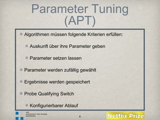 6
Algorithmen müssen folgende Kriterien erfüllen:
Auskunft über ihre Parameter geben
Parameter setzen lassen
Parameter werden zufällig gewählt
Ergebnisse werden gespeichert
Probe Qualifying Switch
Konfigurierbarer Ablauf
Parameter Tuning
(APT)
 