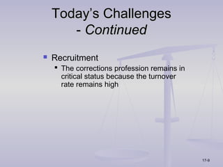 Today’s Challenges
       - Continued
   Recruitment
     The corrections profession remains in
      critical status because the turnover
      rate remains high




                                              17-9
 