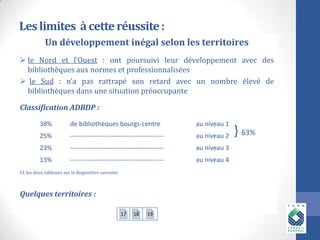 Les limites à cette réussite :
Un développement inégal selon les territoires
 le Nord et l’Ouest : ont poursuivi leur développement avec des
bibliothèques aux normes et professionnalisées
 le Sud : n’a pas rattrapé son retard avec un nombre élevé de
bibliothèques dans une situation préoccupante
Classification ADBDP :
38%

de bibliothèques bourgs-centre

au niveau 1

25%

-------------------------------------------

au niveau 2

23%

-------------------------------------------

au niveau 3

13%

-------------------------------------------

au niveau 4

Cf. les deux tableaux sur la diapositive suivante

Quelques territoires :
17

18

19

} 63%

 