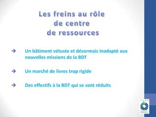 

Un bâtiment vétuste et désormais inadapté aux
nouvelles missions de la BDT



Un marché de livres trop rigide



Des effectifs à la BDT qui se sont réduits

 