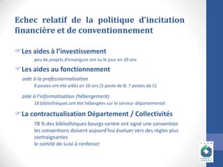 Echec relatif de la politique d’incitation
financière et de conventionnement
Les aides à l’investissement
peu de projets d’envergure ont vu le jour en 10 ans

Les aides au fonctionnement
aide à la professionnalisation
8 postes ont été aidés en 10 ans (1 poste de B, 7 postes de C)

aide à l’informatisation (hébergement)
10 bibliothèques ont été hébergées sur le serveur départemental

La contractualisation Département / Collectivités
78 % des bibliothèques bourgs-centre ont signé une convention
les conventions doivent aujourd’hui évoluer vers des règles plus
contraignantes
le comité de suivi à renforcer

 