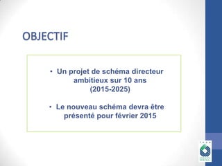 • Un projet de schéma directeur
ambitieux sur 10 ans
(2015-2025)
• Le nouveau schéma devra être
présenté pour février 2015

 