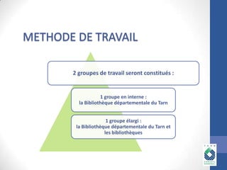 2 groupes de travail seront constitués :

1 groupe en interne :
la Bibliothèque départementale du Tarn

1 groupe élargi :
la Bibliothèque départementale du Tarn et
les bibliothèques

 