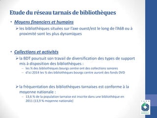 Etude du réseau tarnais de bibliothèques
• Moyens financiers et humains
 les bibliothèques situées sur l’axe ouest/est le long de l’A68 ou à
proximité sont les plus dynamiques

• Collections et activités
 la BDT poursuit son travail de diversification des types de support
mis à disposition des bibliothèques :
les ¾ des bibliothèques bourgs centre ont des collections sonores
d’ici 2014 les ¾ des bibliothèques bourgs centre auront des fonds DVD

 la fréquentation des bibliothèques tarnaises est conforme à la
moyenne nationale :
13,6 % de la population tarnaise est inscrite dans une bibliothèque en
2011 (13,9 % moyenne nationale)

 