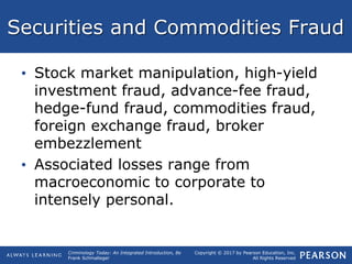 Copyright © 2017 by Pearson Education, Inc.
All Rights Reserved
Criminology Today: An Integrated Introduction, 8e
Frank Schmalleger
Securities and Commodities Fraud
• Stock market manipulation, high-yield
investment fraud, advance-fee fraud,
hedge-fund fraud, commodities fraud,
foreign exchange fraud, broker
embezzlement
• Associated losses range from
macroeconomic to corporate to
intensely personal.
 