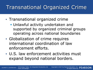 Copyright © 2017 by Pearson Education, Inc.
All Rights Reserved
Criminology Today: An Integrated Introduction, 8e
Frank Schmalleger
Transnational Organized Crime
• Transnational organized crime
 Unlawful activity undertaken and
supported by organized criminal groups
operating across national boundaries
• Globalization of crime requires
international coordination of law
enforcement efforts.
• U.S. law enforcement activities must
expand beyond national borders.
 