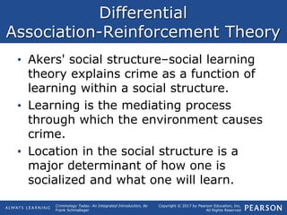 Copyright © 2017 by Pearson Education, Inc.
All Rights Reserved
Criminology Today: An Integrated Introduction, 8e
Frank Schmalleger
Differential
Association-Reinforcement Theory
• Akers' social structure–social learning
theory explains crime as a function of
learning within a social structure.
• Learning is the mediating process
through which the environment causes
crime.
• Location in the social structure is a
major determinant of how one is
socialized and what one will learn.
 