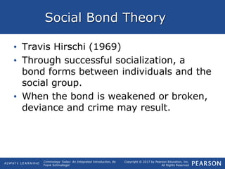Copyright © 2017 by Pearson Education, Inc.
All Rights Reserved
Criminology Today: An Integrated Introduction, 8e
Frank Schmalleger
Social Bond Theory
• Travis Hirschi (1969)
• Through successful socialization, a
bond forms between individuals and the
social group.
• When the bond is weakened or broken,
deviance and crime may result.
 