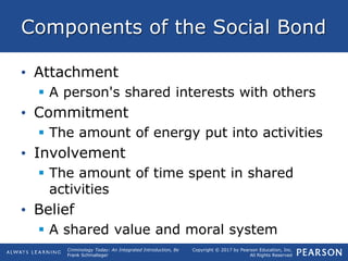 Copyright © 2017 by Pearson Education, Inc.
All Rights Reserved
Criminology Today: An Integrated Introduction, 8e
Frank Schmalleger
Components of the Social Bond
• Attachment
 A person's shared interests with others
• Commitment
 The amount of energy put into activities
• Involvement
 The amount of time spent in shared
activities
• Belief
 A shared value and moral system
 